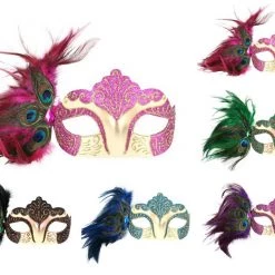 Tomfoolery Burlesque Glitter& Gems Masquerade Mask With Peacock Feathers & Ribbons Costume Accessories