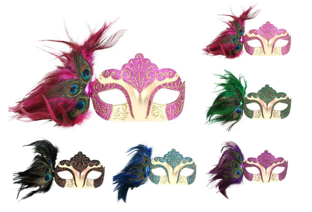 Tomfoolery Burlesque Glitter& Gems Masquerade Mask With Peacock Feathers & Ribbons Costume Accessories 1 Tomfoolery Burlesque Glitter& Gems Masquerade Mask With Peacock Feathers & Ribbons Costume Accessories