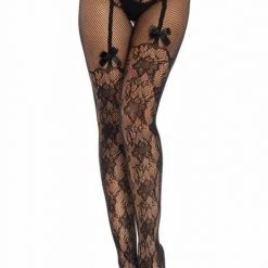Tomfoolery Leg Avenue Black Fleur De Lace Garter Illusion Crotchless Fishnet Stockings