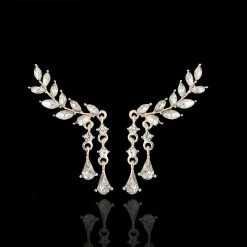 Unbranded Fashion Women Gold Silver Leaves Tassel Ear Stud Crystal Zircon Earrings Jewell Fashion Jewelry