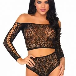 Tomfoolery 2pc Lace Long Sleeved Crop Top & High Waist Thong Ladies Lingerie Clothing Apparel