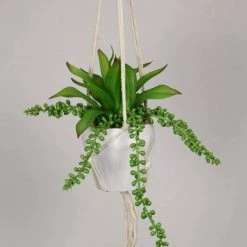 MAL Home & Garden Artificial Plants Hanging Fake Macrame Pots Fern Succulent Plant Green White Pot