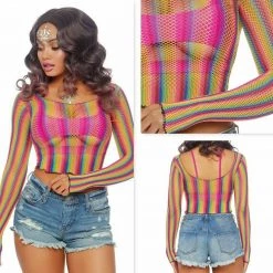 Tom Foolery Leg Avenue 81600 Rainbow Fishnet Mesh Crop Top Festival Rave Pride Mardi Gras