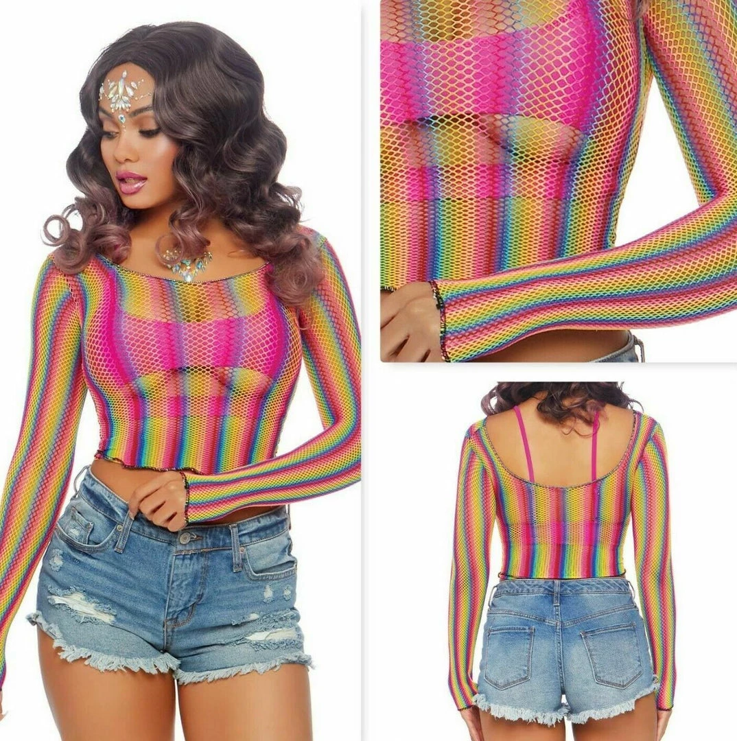 Tom Foolery Leg Avenue 81600 Rainbow Fishnet Mesh Crop Top Festival Rave Pride Mardi Gras 1 Tom Foolery Leg Avenue 81600 Rainbow Fishnet Mesh Crop Top Festival Rave Pride Mardi Gras