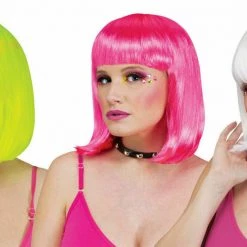 Sweidas Black Light Neon Rave Ladies Costume Wigs | Hot Pink White Acid Yellow