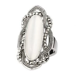 Unbranded Bohemian Style White Opal Big Oval Silver Plated Mosaic Gray Crystal Ladies Ring