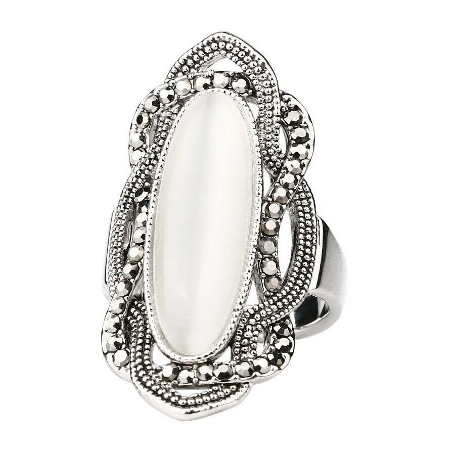 Unbranded Bohemian Style White Opal Big Oval Silver Plated Mosaic Gray Crystal Ladies Ring 1 Unbranded Bohemian Style White Opal Big Oval Silver Plated Mosaic Gray Crystal Ladies Ring