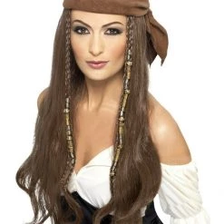 Fun World Pirate Bandana Scarf With Wig Jack Sparrow Caribbean Hair Beads LADIES MENS Wigs