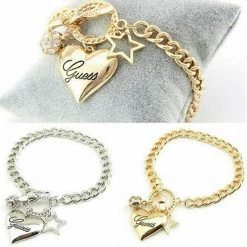 Unbranded GUESS Love Heart Crystal Star Charm Pendant Bracelet Bangle SILVER OR GOLD