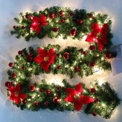FB Market Place Christmas Decorations 9FT RED Christmas Garland Decoration With 40 LED Fairy Lights Pinecones Baubles & Flowers