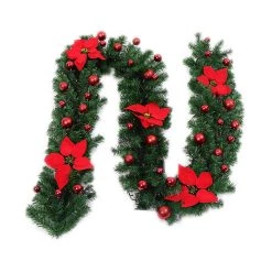 FB Market Place Christmas Decorations 9FT RED Christmas Garland Decoration With 40 LED Fairy Lights Pinecones Baubles & Flowers