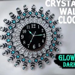 Crazy Crazy & More Crazy Deals Home & Garden 3D Diamond Wall Clock Metal Round Clear And Aqua Stones 67cm X 67cm