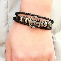 Crazy Crazy & More Crazy Deals Mens Black Genuine Leather Bracelet With Anchor