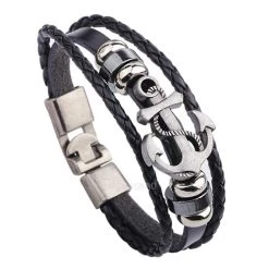 Crazy Crazy & More Crazy Deals Mens Black Genuine Leather Bracelet With Anchor