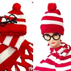 Aussie Toys Wheres Wally Beanie Scarf & Glasses Costume Kit Red & White Striped Costume Accessories