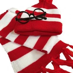 Aussie Toys Wheres Wally Beanie Scarf & Glasses Costume Kit Red & White Striped Costume Accessories